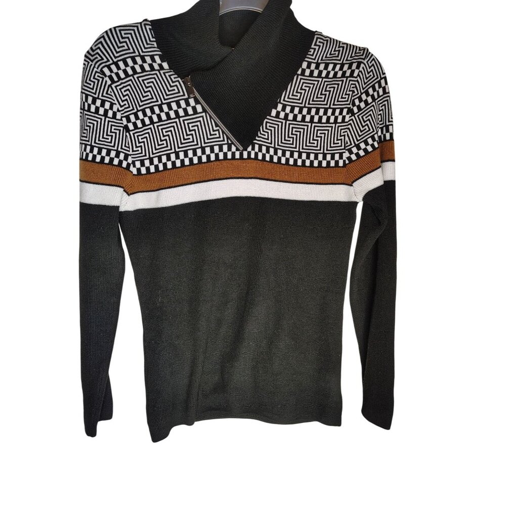 LCR Black Edition XL Sweater, Cotton Blend, Abstract Print, Black, Zip Cowl Neck